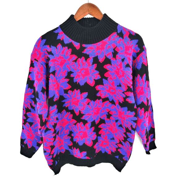 Vintage Spunky Black Purple & Pink Metallic Floral Grandma Knit Sweater Medium - Picture 1 of 6